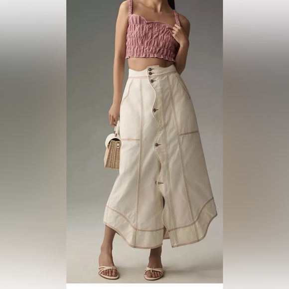 FARM Rio Dresses & Skirts - Anthropologie Farm Rio Denim Wave Maxi Skirt Button Up Side Pockets Ivory